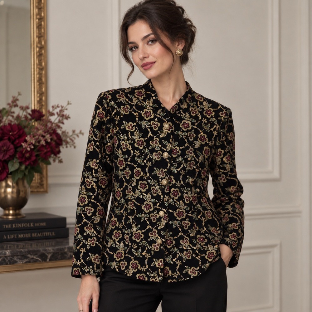 Vintage Dressbarn Black Velvet Floral Embroidered Blazer Jacket Medium Made USA